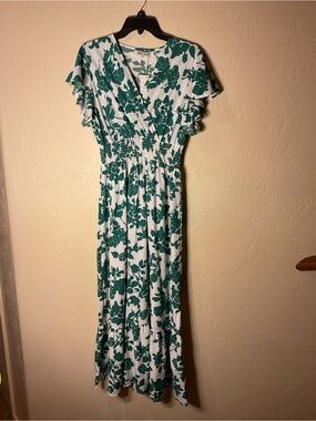 Floral Wrap V neck Maxi Dress by red leaf- Green White XXL